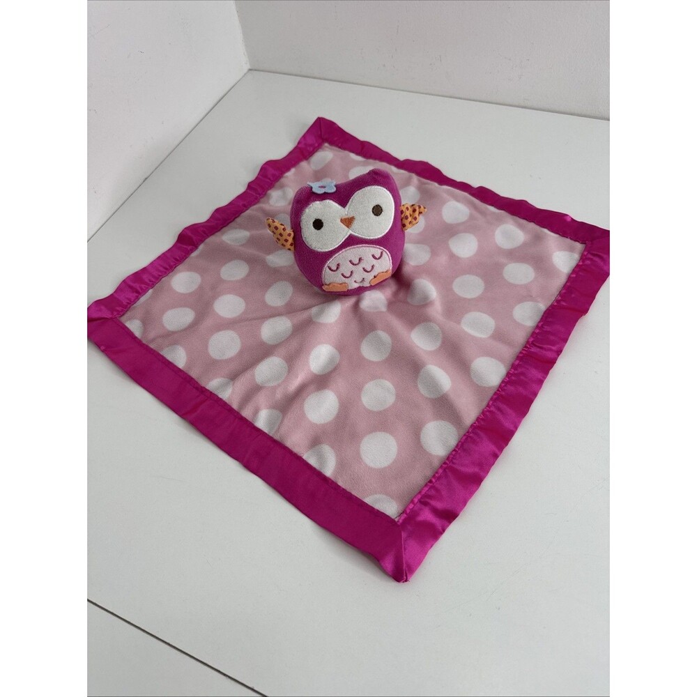 Circo Pink Owl Baby Lovey Security Blanket White Polka Dots Hot Pink Satin Back